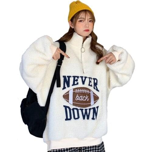 Winter Casual Women Hoody Sweatshirt Keep Warm Cashmere Embroidery Letter Harajuku Loose Long Sleeves Mid-length Female Pullover