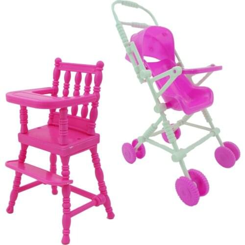 2 Sets = 1x Pink Assembly Baby Stroller + 1x Cute Furniture Dinner High Chair Accessories for Barbie Doll for Kelly DIY Toy