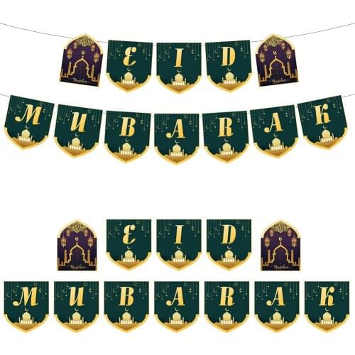 Eid Mubarak Banner Bunting Ramadan Party Supplies For Home Decoration Golden Letter Moon Lantern Castle Printed On Blue Card