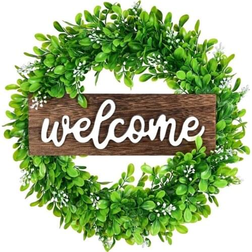 Artificial Boxwood Wreath for Front Door Decor Porch Decoration with Wooden Welcome Sign and White Flower Green Wreath