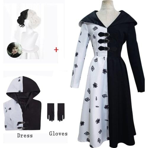 Anime Cruella De Vil Cosplay Costume Movie Adult Women Gown Black White Maid Dress with Gloves Hoodie Dresses Halloween Party