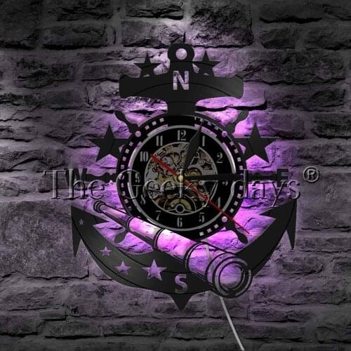 Marine Nautical Steering Wheel LED Wall Lamp Anchor Ship Wheel Sailors Vinyl Record Wall Clock Decorative Lighting