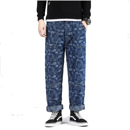 Mens Paisley Bandanna Loose Hip Hop Jeans Plus Large Size Skateboard Denim Cross-pants Hiphop Trousers