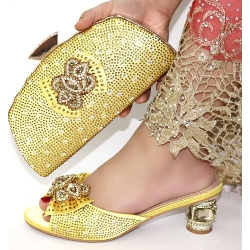 New fashion gold women pumps match handbag with big crystal decoration african dress shoes and bag set CR168,heel 6.5CM