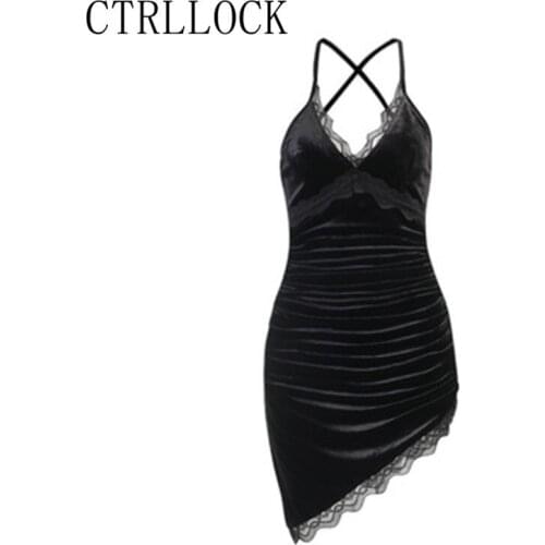 CTRLLOCK Sexy Gothic V-neck Irregular Velvet Dress Women Backless Sleeveless Party Dress Harajuku