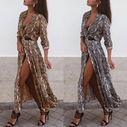 Sexy Printing Snakeskin Long Sleeve V Neck Dress Women Kimono Boho Long Party Dresses Shawl Tops Split Sundress Female Vestidos