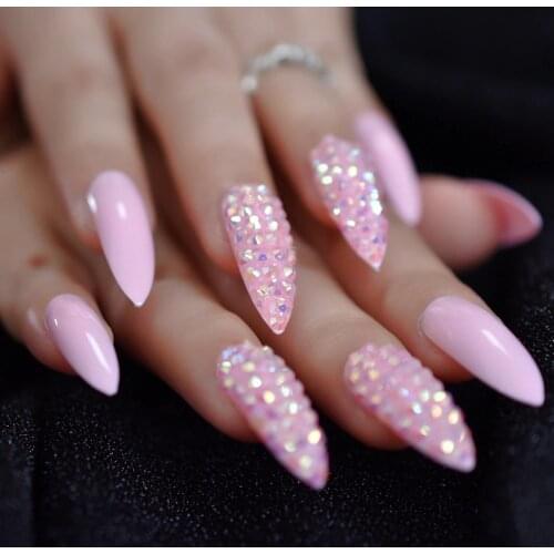 Custom Press On Nails Bady Pink Jelly AB Crystal Designed False Nails Extra Long Designer Rhinestone Nail Art Tips Kit
