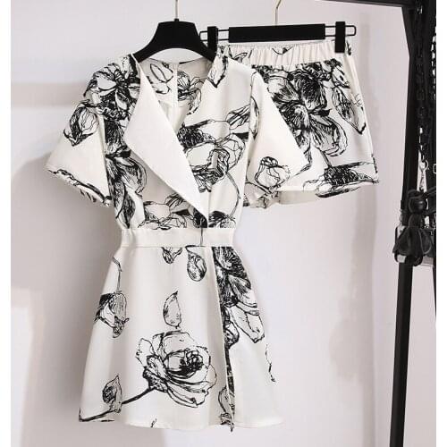 Chiffon Loose Printed Women Short Sets Summer New Design 2021 Belt Slim Blazers And Wide Leg Elegant Office Lady Clothing Suits