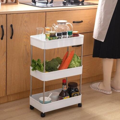 Household Plastic Thicken Storage Rack With Wheels Moving Toilet Bathroom Storage Shelves Multi-Tier Kitchen Floor Shelf White