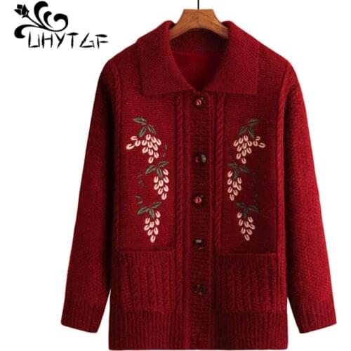 UHYTGF Spring Autumn Sweater Womens Knitted Embroidered Elegant Womens Sweater Jacket Cardigan Thicken Warm Plus Size coat 727