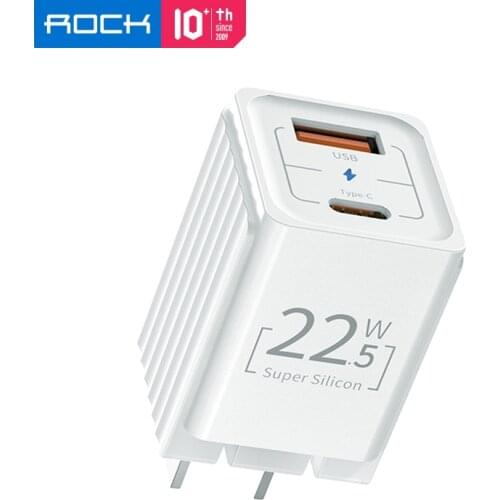 For Xiaomi 11 Charger Rock Mini Dual-port USB Type-C Super Silicon PD 22.5W Folding Travel Charger US Plug Adapter for iPhone 12