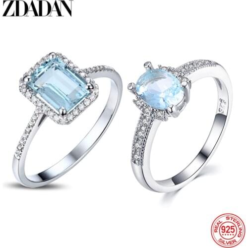 ZDADAN Authentic 925 Sterling Silver Square Blue Clear CZ Finger Rings For Women Wedding Engagement Jewelry Gift