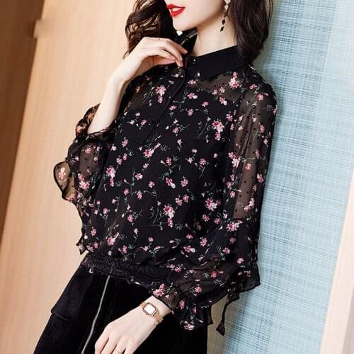 Womens Spring Autumn Style Chiffon Blouse Shirt Womens Turn-Down Collar Button Print Ruffles Long Sleeve Casual Tops SP1081
