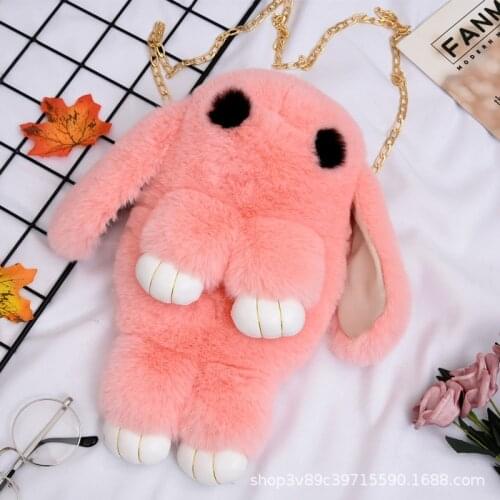 Cute Plush Bunny Rabbit Women Shoulder Bags Cartoon Lady Chains Crossbody Bag Luxury Faux Fur Messenger Bag Small Amimal Purses