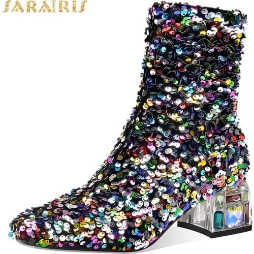 Sarairis 2020 New Arrivals Plus Size 45 Shiny Boots Woman Shoes Thick Heels Crystal Sequined Cloth Spring Autumn Fashion Boots