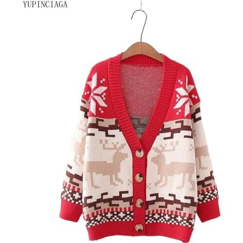 2020 Autumn Winter New Womens Loose Single-Breasted Abstract Deer Sweater Cardigan Girls Knit Jumpe Harajuku Sweater Jacquard