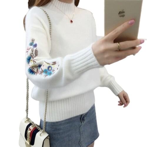 New Round Neck Pullover Women Korean Embroidered Sweater Autumn And Winter Half High Neck Loose Wild Sweater Vestidos De Muje