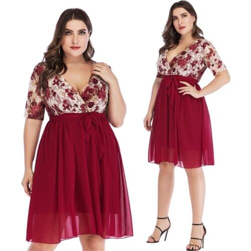 Sexy V-neck Lace Print Patchwork Chiffon Dress 2020 Summer New Women Short Sleeve Plus Size Black&Green Dresses Vestidos