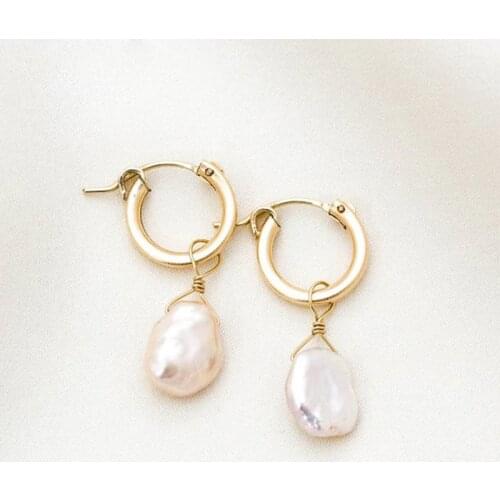 Gold Filled Baroque Pearl Earrings 15MM Gold Hoop Earrings Handmade Jewelry Brincos Minimalism Oorbellen Pendientes Earrings