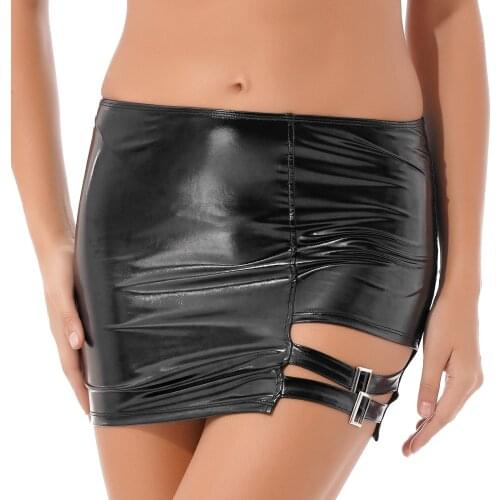 Black Womens Shiny Metallic Bodycon Skirts Ladies Clubwear Patent Leather Mini Skirt Metal Buckle Decor Cut Out Pencil Skirt