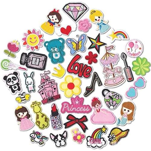 40pcs Cute Clothing Patches Pink Iron on Patches Anime Embroidered Appliques Thermo Sticker DIY Sewing Supplies for Kids Clothes