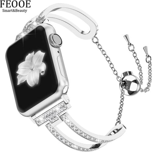 FEOOE Suitable for Apple Watch1/2/3/4 Metal Strap Stainless Steel Bracelet Steel Strap Diamond Chain Strap Sliver for LXY