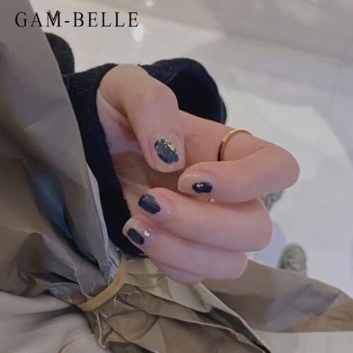 GAM-BELLE Glitter Blue Graffiti Fake Nails French Full Cover Short Artificial False Nails Tips DIY Manicure Nail Art Tools