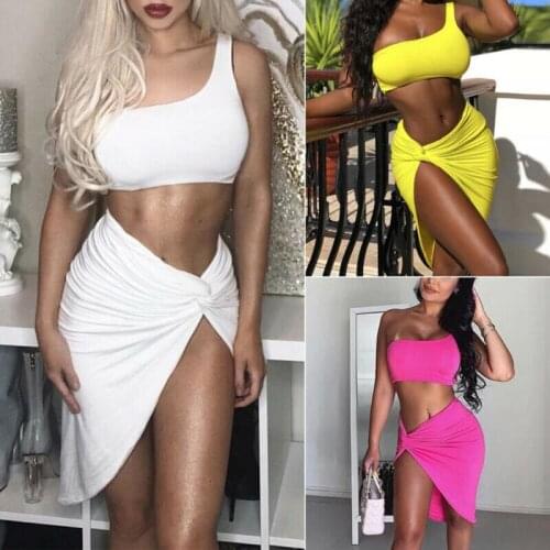 Hot Sale Two Pieces Off Shoulder Bandage Clubwear Top And Skirt Set Sexy Sleeveless Vest Bra Crop Tops Tank Side Split Skirt
