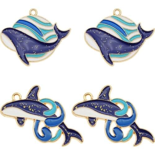 Julie Wang 4PCS Enamel Whale Charms Alloy Gold Tone Ocean Fish Animal Pendant Bracelet Earrings Jewelry Making Accessory
