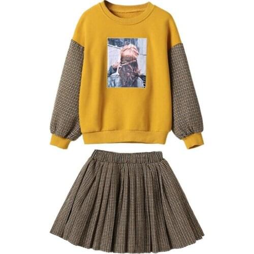 DFXD Girls Clothing Sets Spring Autumn Teen Girls Cartoon Pullover Sweatshirt+Pleated Skirt Fashion 2pc Outfit Princess Costume