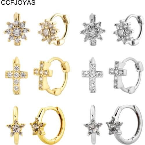 CCFJOYAS 925 Sterling Silver Flower Small Hoop Earrings Cute Minimalist White/Purple/Black/Blue color Flower Zircon Earrings