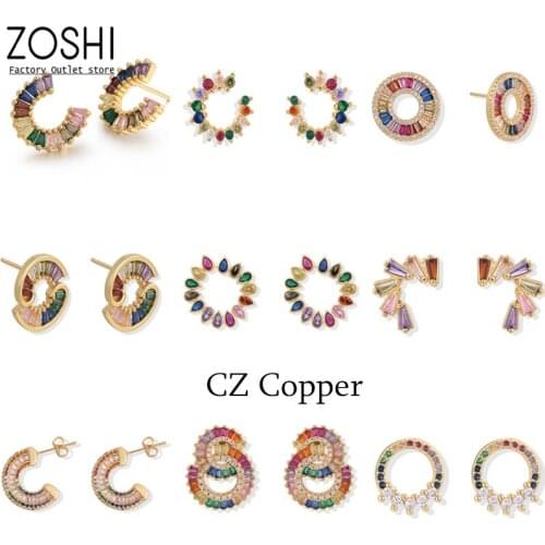 New Rainbow Crystal Round Stud Earrings Womens Fashion High Quality Multicolor CZ Flower Earrings Geometric Jewelry Gold Plated