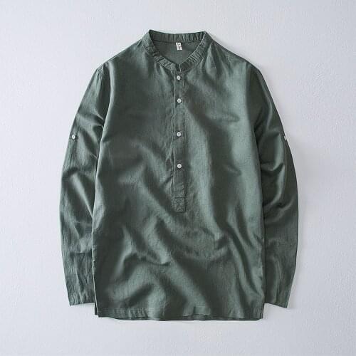 Pure Color Long-Sleeved Simple Linen Mens Shirt Casual Stand-Up Collar Loose Shirt 2021 Spring New Thin Shirt