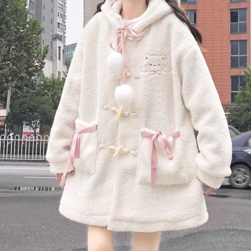 Japanese Cute Mid-Length Horn Button Loose Thickened Velvet Lamb Wool Hooded Cotton Coat Womens Autumn and Winter Tide