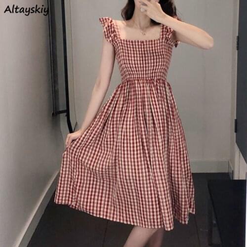 Sleeveless Dress Women Retros Plaid Square Collar Korean Style Fashion Temperament Vintage Sweet Ladies Harajuku Oversize Casual