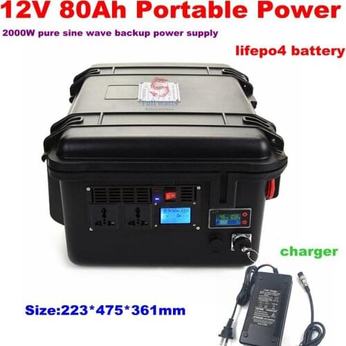 Portable Power Generator 960Wh peak 2000W Pure Sine AC 110V 220V Lifepo4 12V 80AH lithium battery Outdoor Camping + 6A Charger