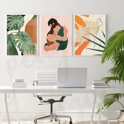Boho Hugging Lover Poster Greem Monsta Leaves Wall Art Painting Line Flower Printable Wall Art Abstract Art Print Home Decor