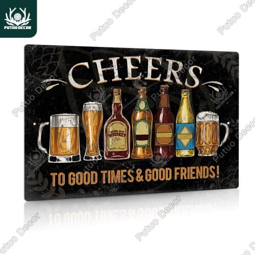 Putuo Decor Aluminum Sign "Cheers" Vintage Beer Plaque Metal Plate Funny Bar Wall Art Decor for Pub Club Man Cave Bar Decoration