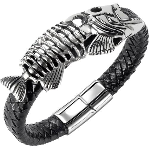 Cyue European Fashion Punk Black Leather Braided Bracelet Fish Bone Stainless Steel Magnetic Button Wristbands For Men Jewelry