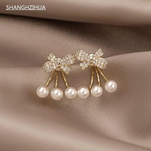 SHANGZHIHUA 2021 New Korean Trend Pearl Pendant Luxury Zircon Bow Earrings for Womens Fashion Jewelry Party Unusual Earrings