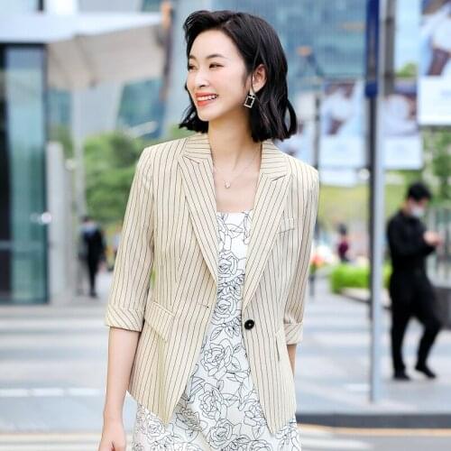 Blue Stripe Women Small Suit Coat Korean Fashion Temperament Notched Office Lady Straight Plus Size 3xl Blaser Feminino