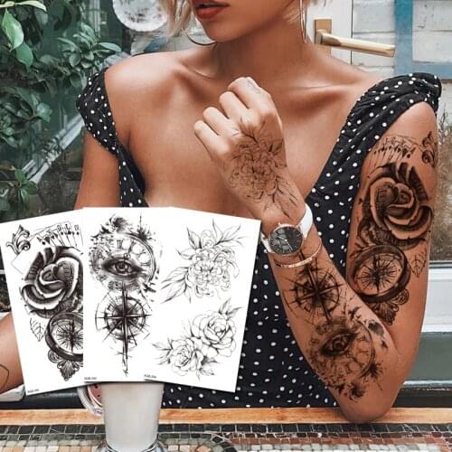 Waterproof Temporary Tattoo Stickers Compass fake Tatto Body Art Flash Tatoo Tatouage Arm Hand Back Foot Tato for Girl Women Men