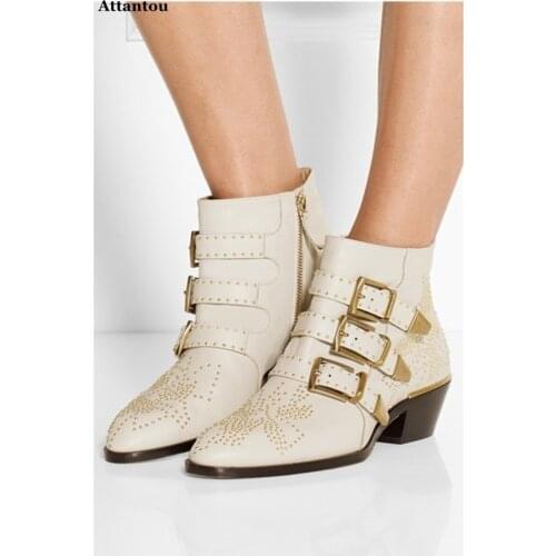 Europe Spring Autumn Pointed Toe Thick Heeled Rivets Buckle Leather Ankle Boots Women Tide Motorcycle Boots