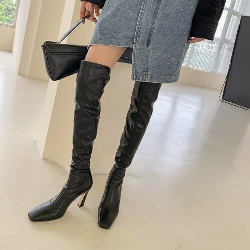 Spring Autumn New Fashion Slim Thin High Heels Square Toe Sewing Women Long Modern Boots Ladies Over-the-Knee Stretch Botas 0721