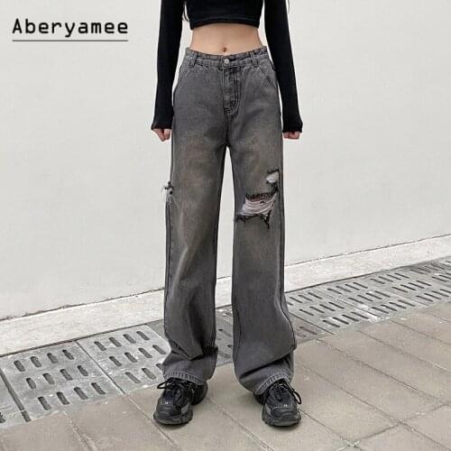 Aberyame 2021 Women New y2k High Waist Wide Leg Ripped Mopping Black Jeans Vintage Fashion Leisure Loose Streetwear Ladies Pants