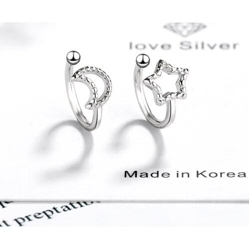 Pure Silver Earrings For Women Moon Star Asymmetric Earing Clips Non Piercing Brincos Femme Oorbellen Mujer Retro Jewelry Gifts