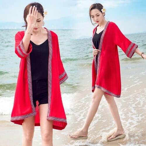 TingYiLi Kimono Cardigan Women Summer Long Cardigan Female Red Boho Beach Cardigan