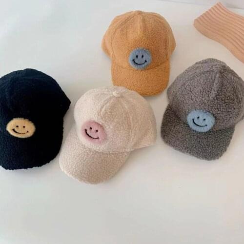 2021 Simple Korean style smiley face standard children baseball hat lamb wool autumn and winter boys and girls warm cap 52-54cm