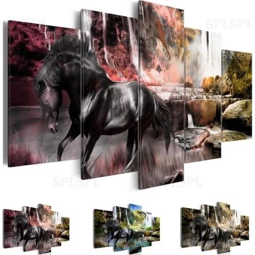 5 Pieces Nature Animal Wall Art Horse Prints Waterfull Poster Canvas Painting Modular Pictures for Living Room Bedroom Decor
