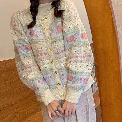 Hollow Loose Flower Knitted Cardigan Vintage Sweater Sweet Knitted Cardigan Women Autumn Winter Button Kawaii Sweater Korean Top